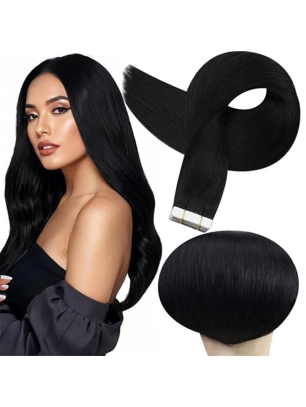 Full Shine Tape in Hair Extensions Human Hair, Jet Black 18 Inch 50G 20Pcs